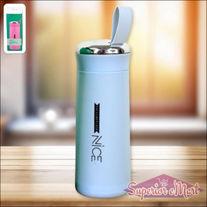 Leak proof glass water bottle 400ml in light blue with a stainless steel lid for hydration on the go