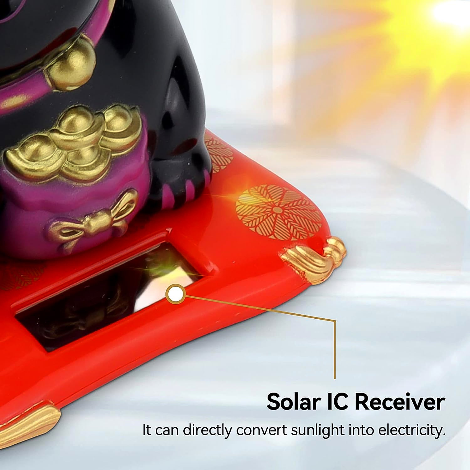 Wealth attracting cat figurine with solar IC receiver for home decor and positive energy