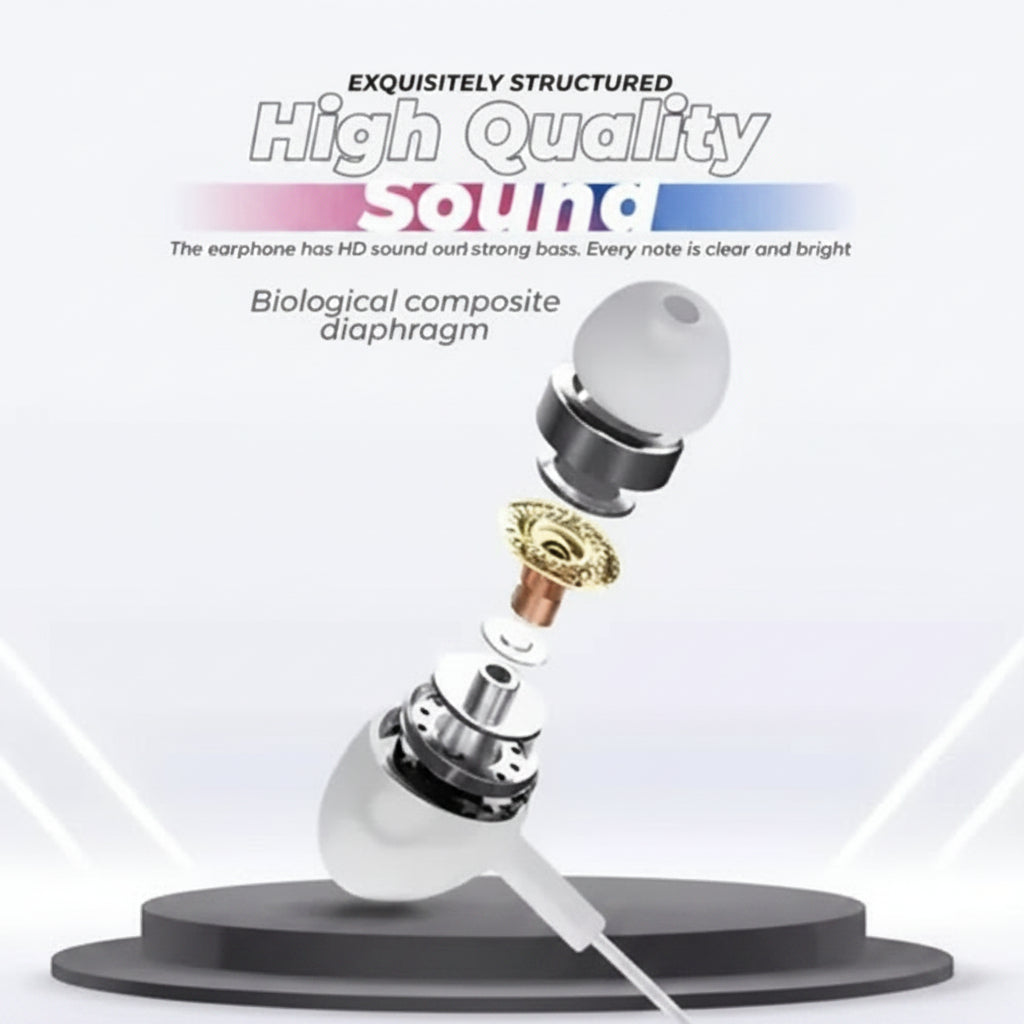 An exploded view diagram of a high-quality in-ear earphone on a white background with promotional text reading 'High Quality Sound' and 'Biological composite diaphragm.'.