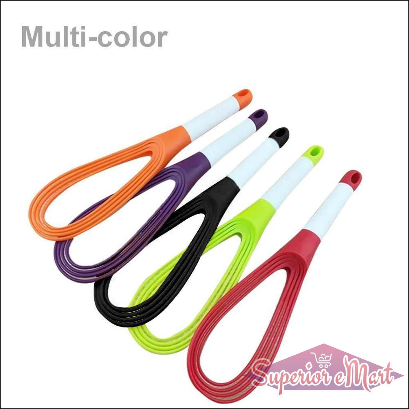 Set of colorful balloon whisk mixers for kitchen in orange, purple, black, green, and red for efficient cooking