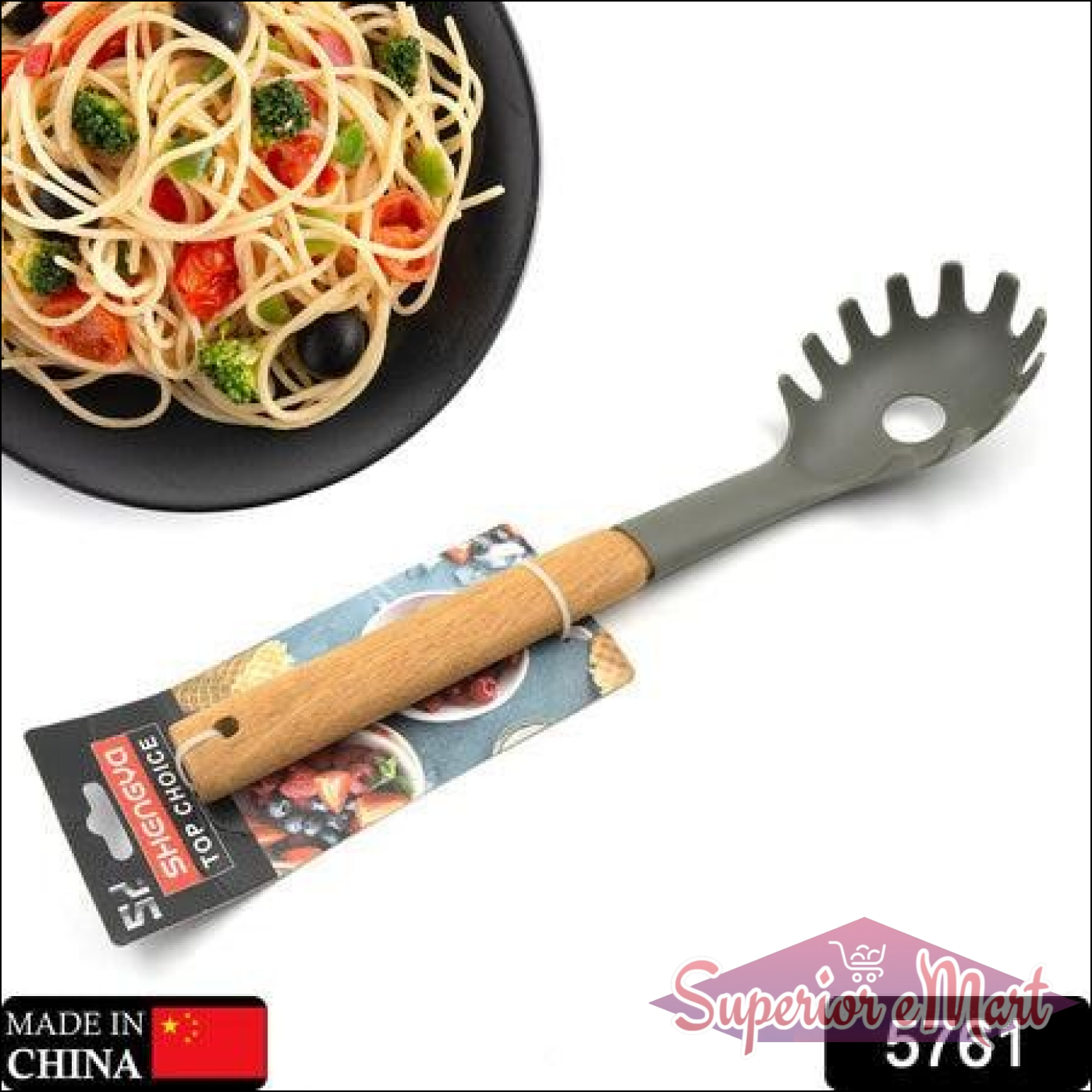 Heat resistant non stick cooking spoon with a wooden handle for easy pasta serving