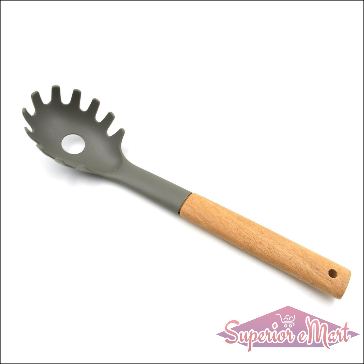 Heat resistant non stick cooking spoon with a wooden handle and forked tips for easy pasta serving