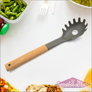 Heat resistant non stick cooking spoon with a wooden handle for easy food preparation