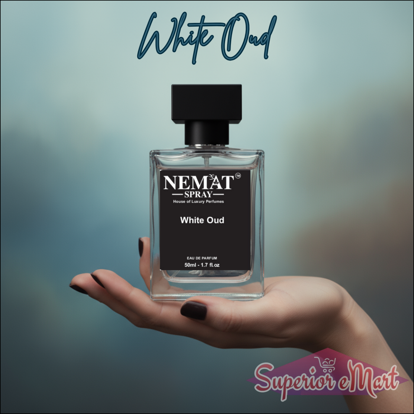 Hand holding Nemat White Oud 1.7 fl.oz spray perfume in a clear glass bottle with a black label and square cap.