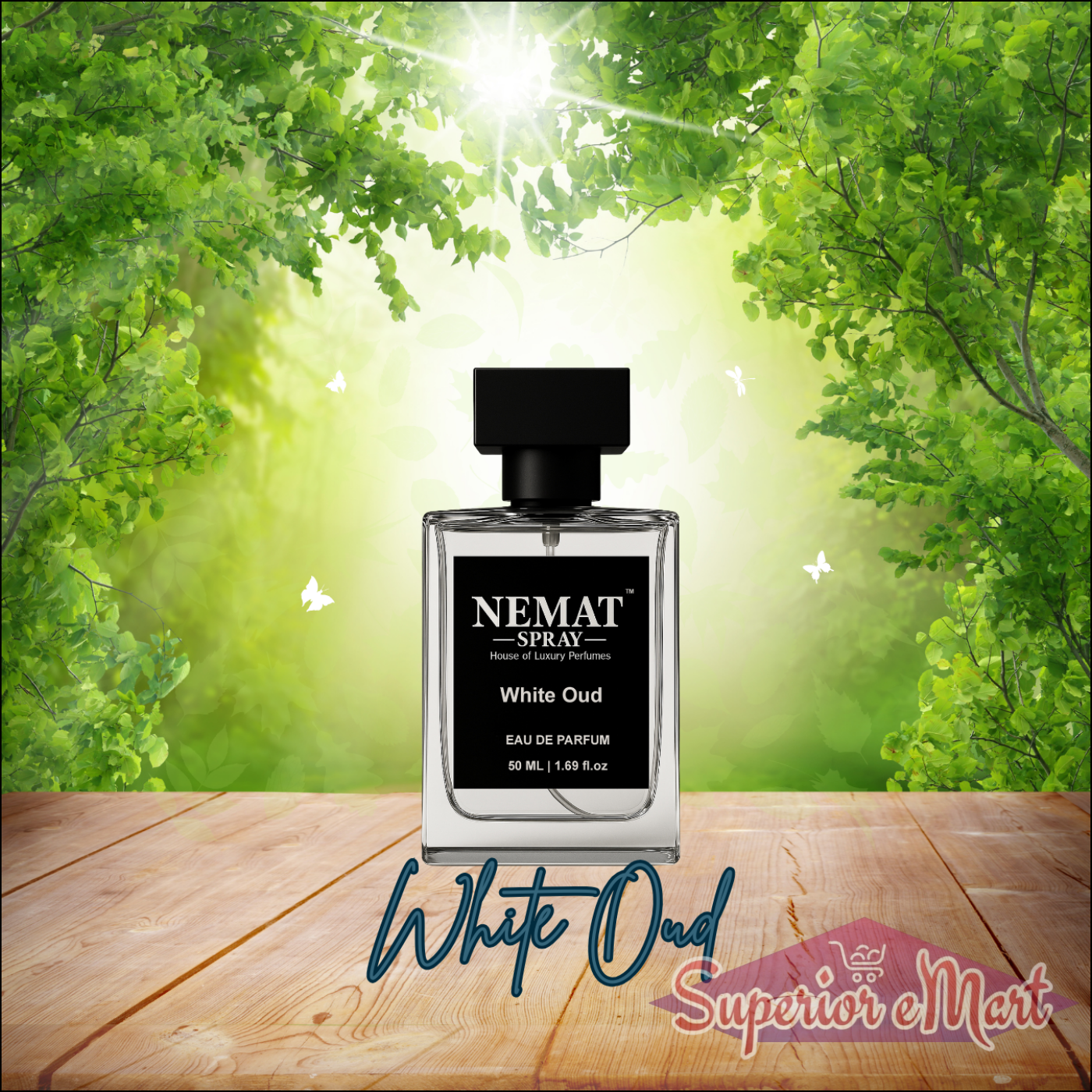 Nemat White Oud perfume bottle with black label and cap on a wooden table with a sunny green forest background.