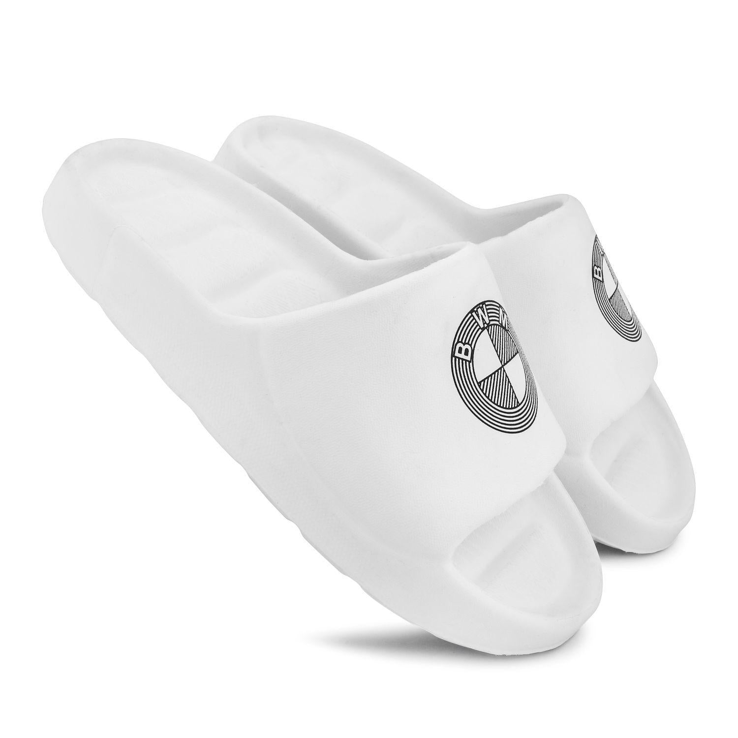 Stylish White Slider footwear for men featuring a logo design for casual comfort