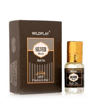 Silver Musk and Fawakeh attar 3ml in a roll-on bottle with elegant packaging from Superior eMart