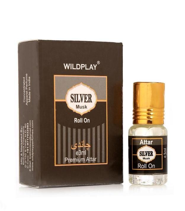 Silver Musk and Fawakeh attar 3ml roll-on premium attar with black and gold packaging