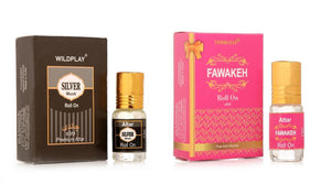 Silver Musk and Fawakeh attar 3ml roll-on bottles with elegant packaging from Superior eMart