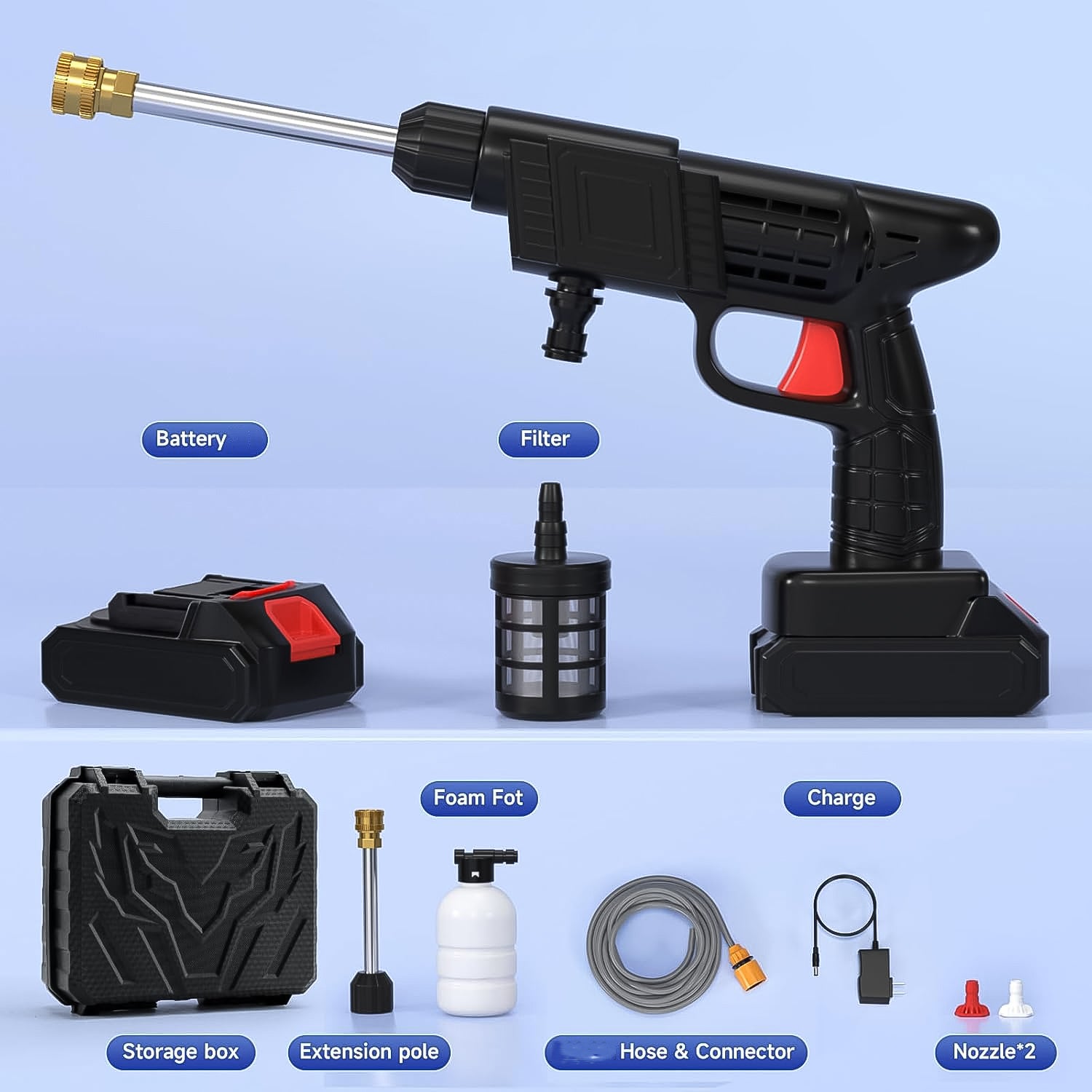 Wireless high pressure car washer with battery, filter, nozzle, and storage box for convenient cleaning
