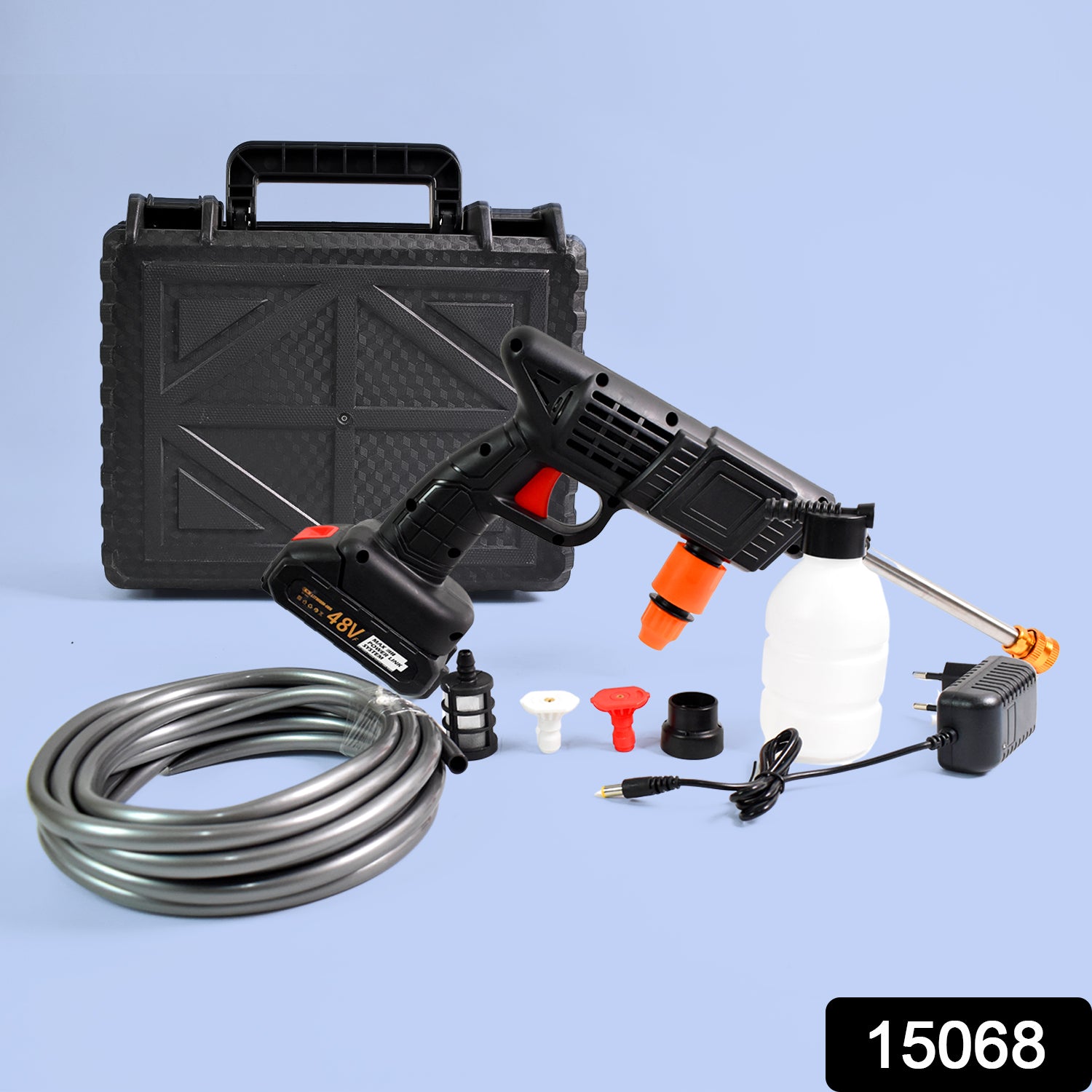 Wireless high pressure car washer set with hose, nozzle, and carrying case for easy cleaning