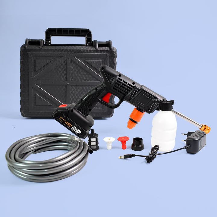 Wireless high pressure car washer kit with hose, nozzle, and accessories for efficient cleaning