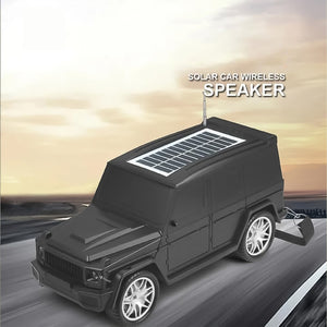 Wireless solar speaker shaped like a car, featuring a solar panel on top for eco-friendly music enjoyment