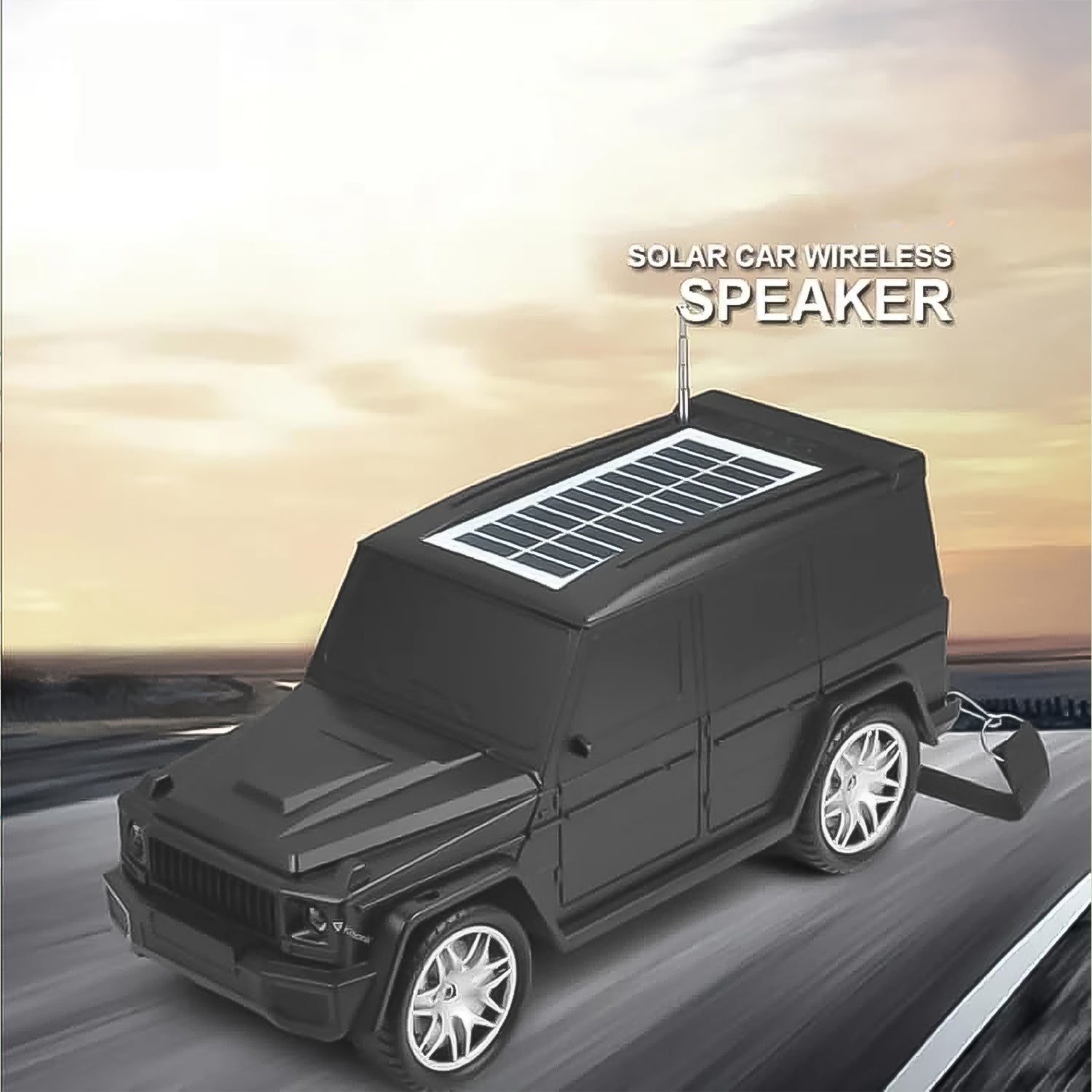 Wireless solar speaker shaped like a car, featuring a solar panel on top for eco-friendly music enjoyment