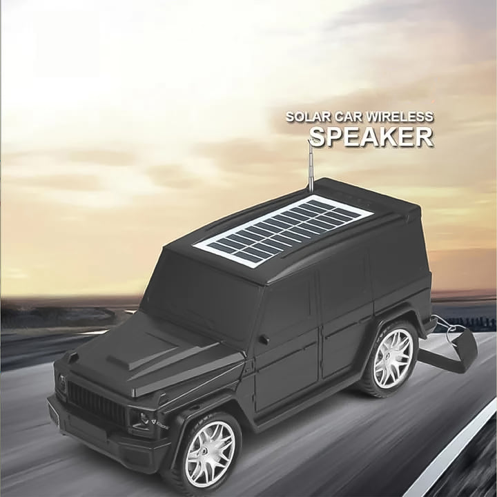 Wireless solar speaker shaped like a car, featuring a solar panel on top for eco-friendly music enjoyment