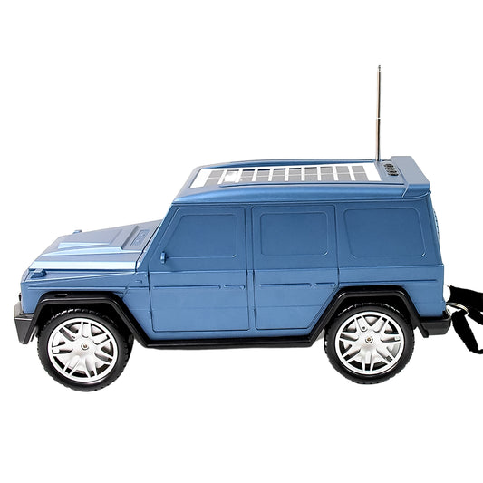 Wireless solar speaker designed like a blue SUV with integrated solar panel for eco-friendly music playback
