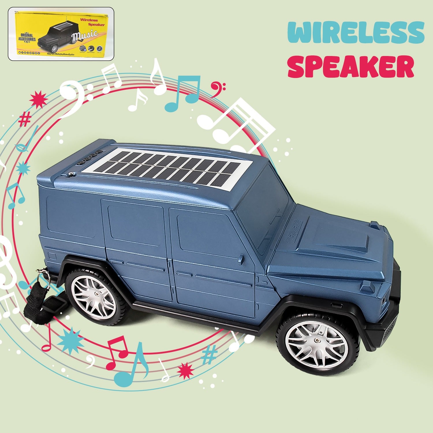 Blue wireless solar speaker designed like an SUV with solar panel for outdoor enjoyment