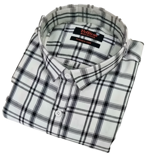Folded black and white plaid shirt with a brand label on a white background