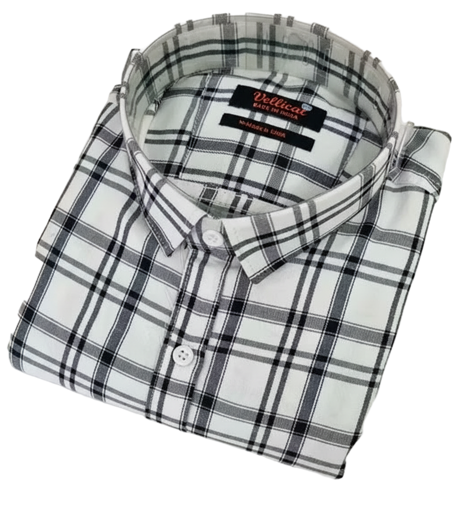Folded black and white plaid shirt with a brand label on a white background