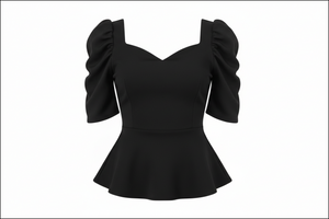 Black peplum top with ruffled sleeves on a white background