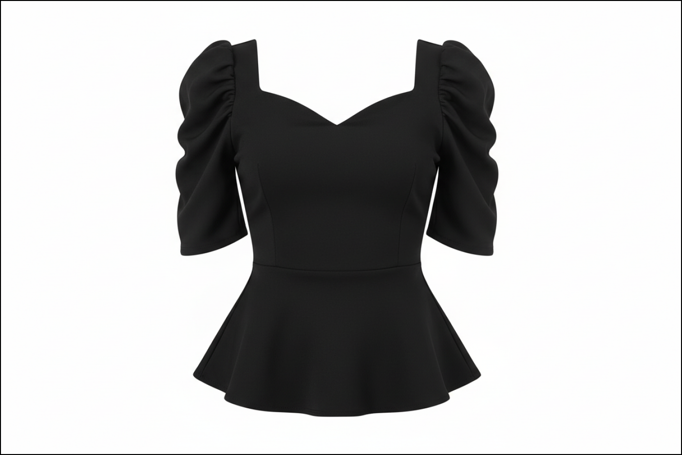 Black peplum top with ruffled sleeves on a white background