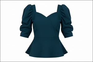Teal peplum top with puff sleeves on a white background