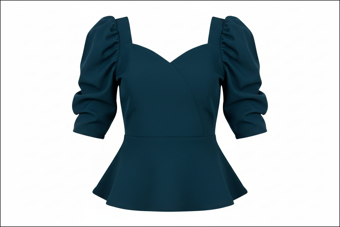 Teal peplum top with puff sleeves on a white background