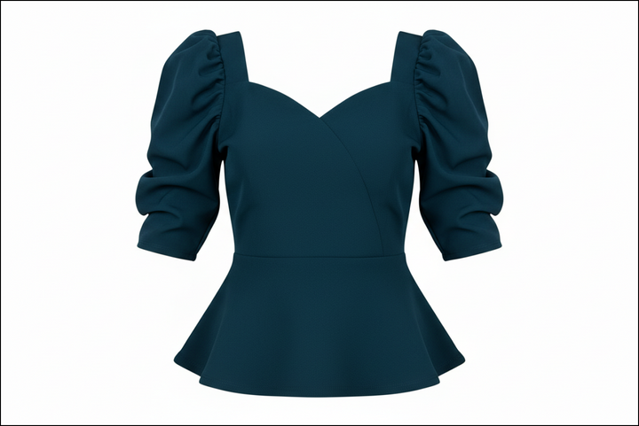 Teal peplum top with puff sleeves on a white background