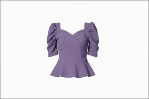 Purple peplum top with ruffled sleeves on a white background