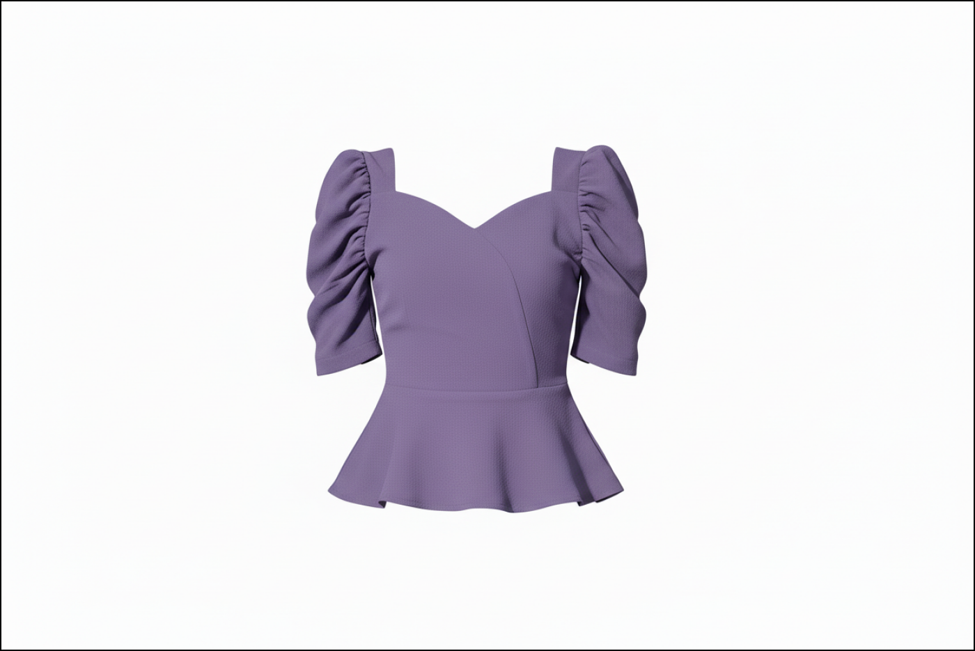 Purple peplum top with ruffled sleeves on a white background