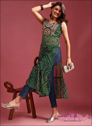 Stylish green Bandhani kurti for Navratri with embroidered neckline and flared hemline
