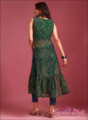 Elegant Bandhani kurti for Navratri featuring a flared design and intricate patterns in green