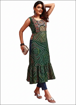 Elegant Bandhani kurti for Navratri in green with intricate patterns and a flared hemline