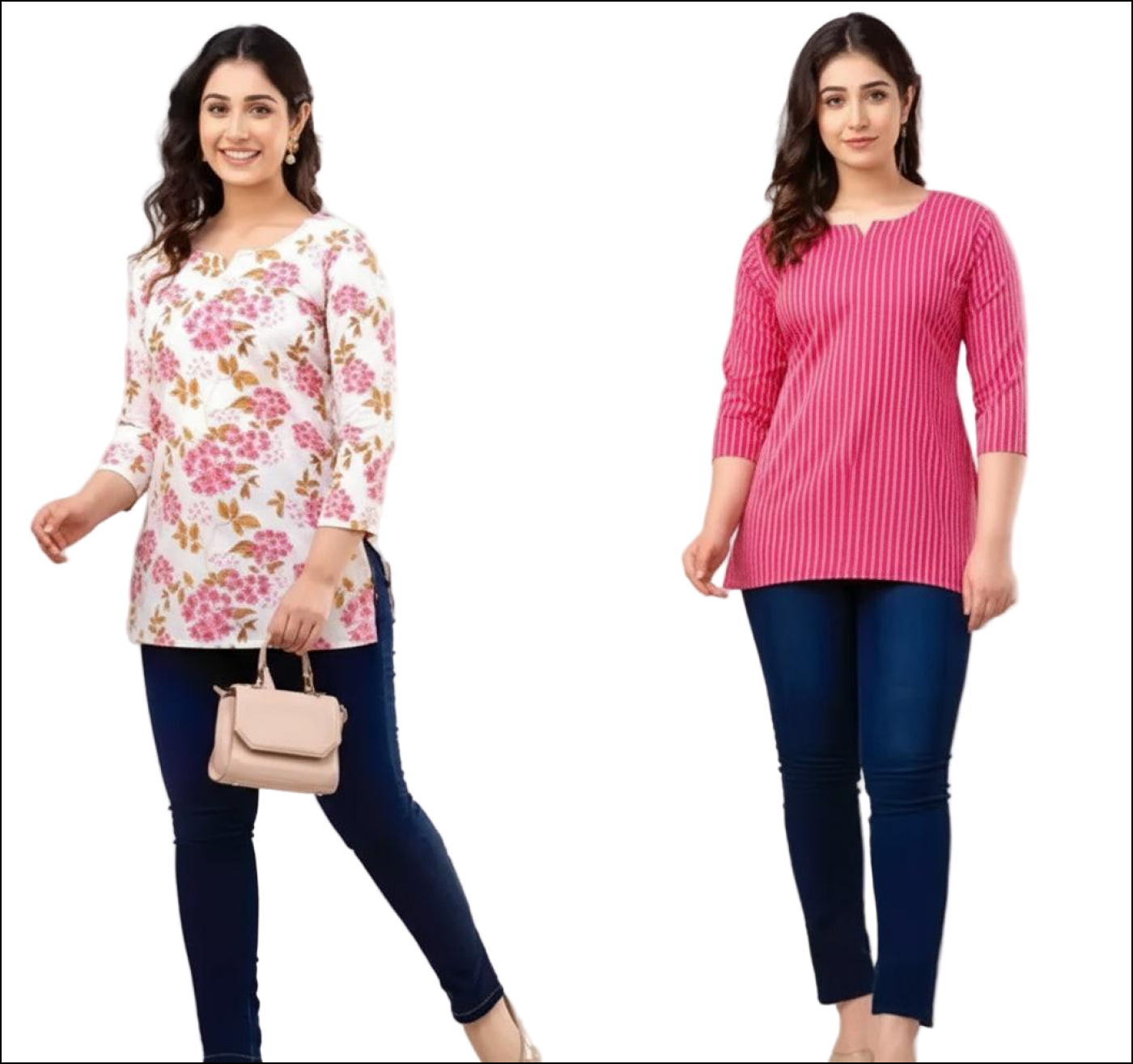 Women's 3/4 sleeve tunics: one white with pink floral print, one pink with white stripes. Both paired with dark jeans.