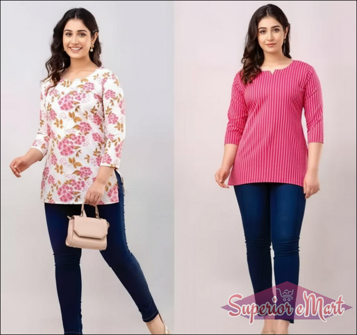 Women’s Printed Short Kurti Combo - Cotton Floral Tops for Casual & Office Wear, Best Price.