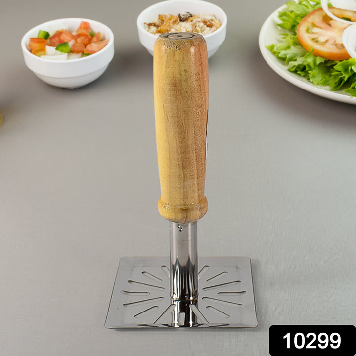Superior eMart wooden handle potato masher with stainless steel head on kitchen countertop