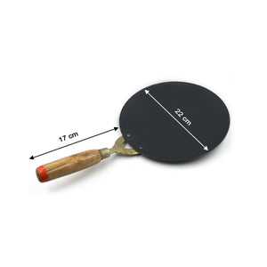 Wooden handle roti tawa with a 17 cm diameter and 22 cm height, ideal for making flatbreads
