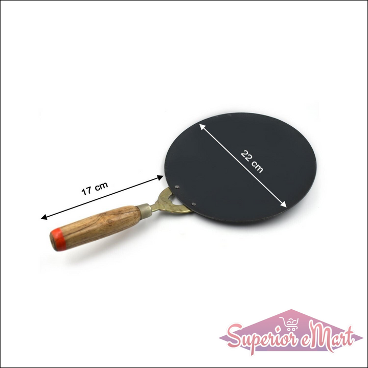 Wooden handle roti tawa with a 17 cm diameter and 22 cm height, ideal for making flatbreads