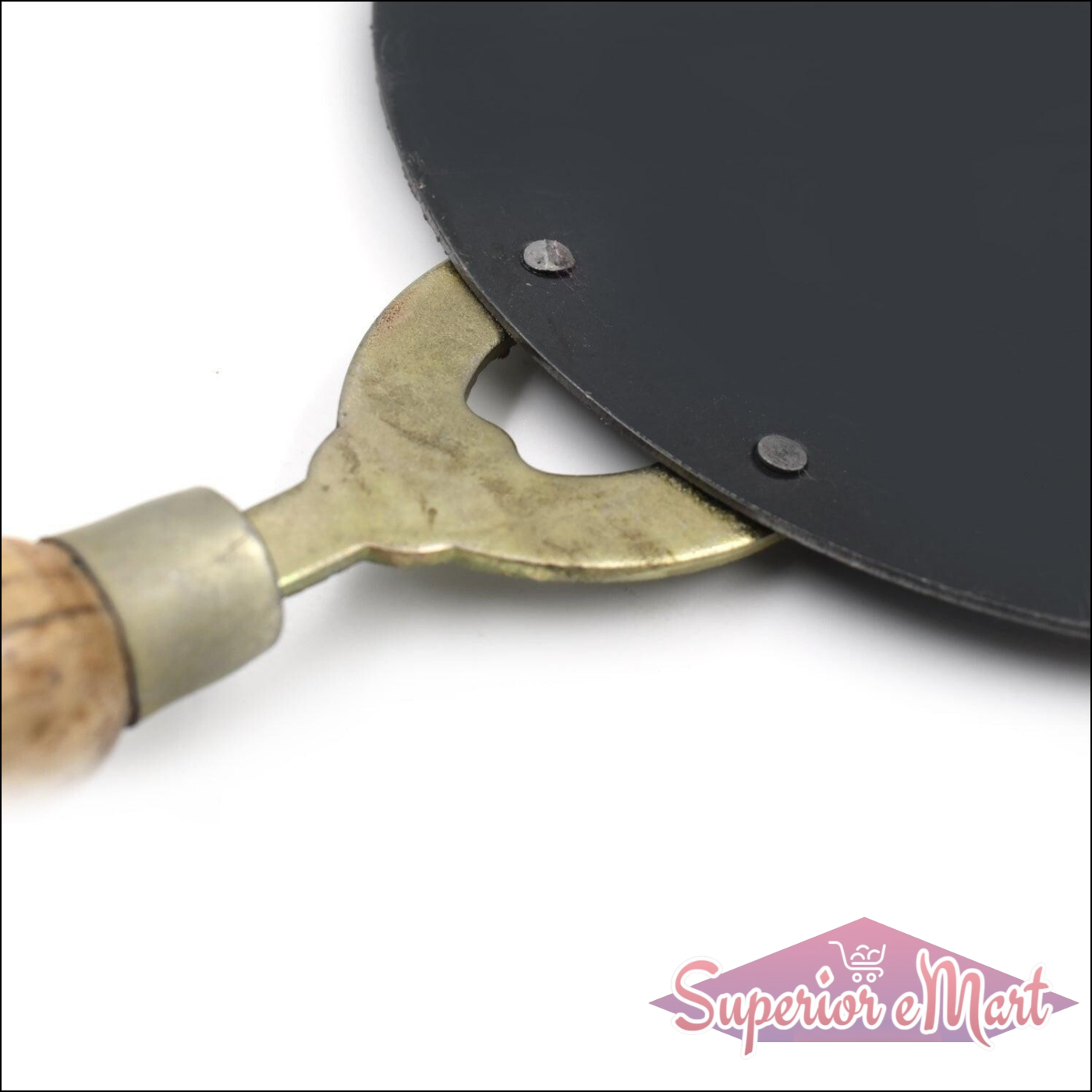 Close-up of wooden handle roti tawa with metal base for perfect cooking and even heat distribution