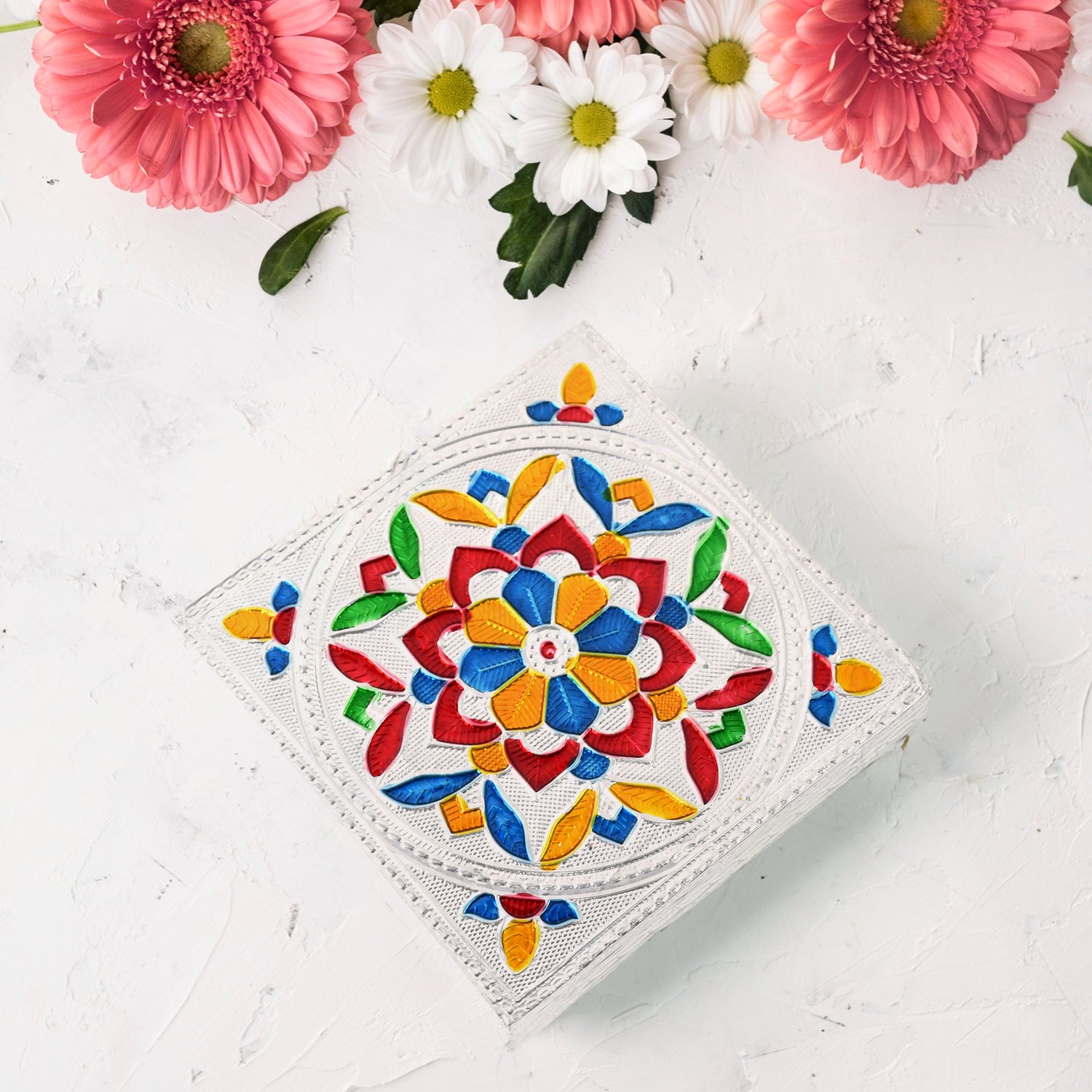 Wooden puja bajot multicolour with intricate designs, ideal for home decor and spiritual use
