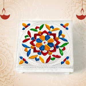Superior eMart wooden puja bajot multicolour with intricate floral design for home decor use