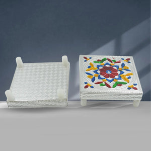 Handcrafted wooden puja bajot multicolour with intricate designs, perfect for home decor and religious ceremonies
