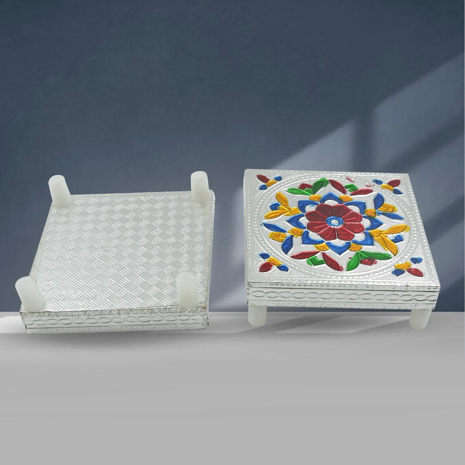 Handcrafted wooden puja bajot multicolour with intricate designs, perfect for home decor and religious ceremonies