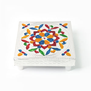 Decorative wooden puja bajot multicolour with intricate patterns and stylish design for home ceremonies