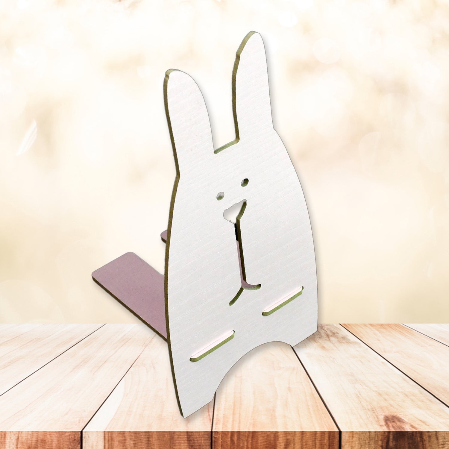 Whimsical wooden rabbit phone stand, perfect for holding phones in a cute and stylish way