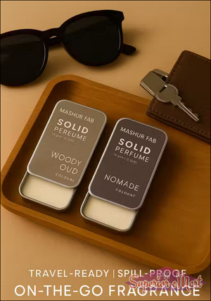 Woody oud solid perfume in travel-ready tin with spill-proof design for on-the-go fragrance