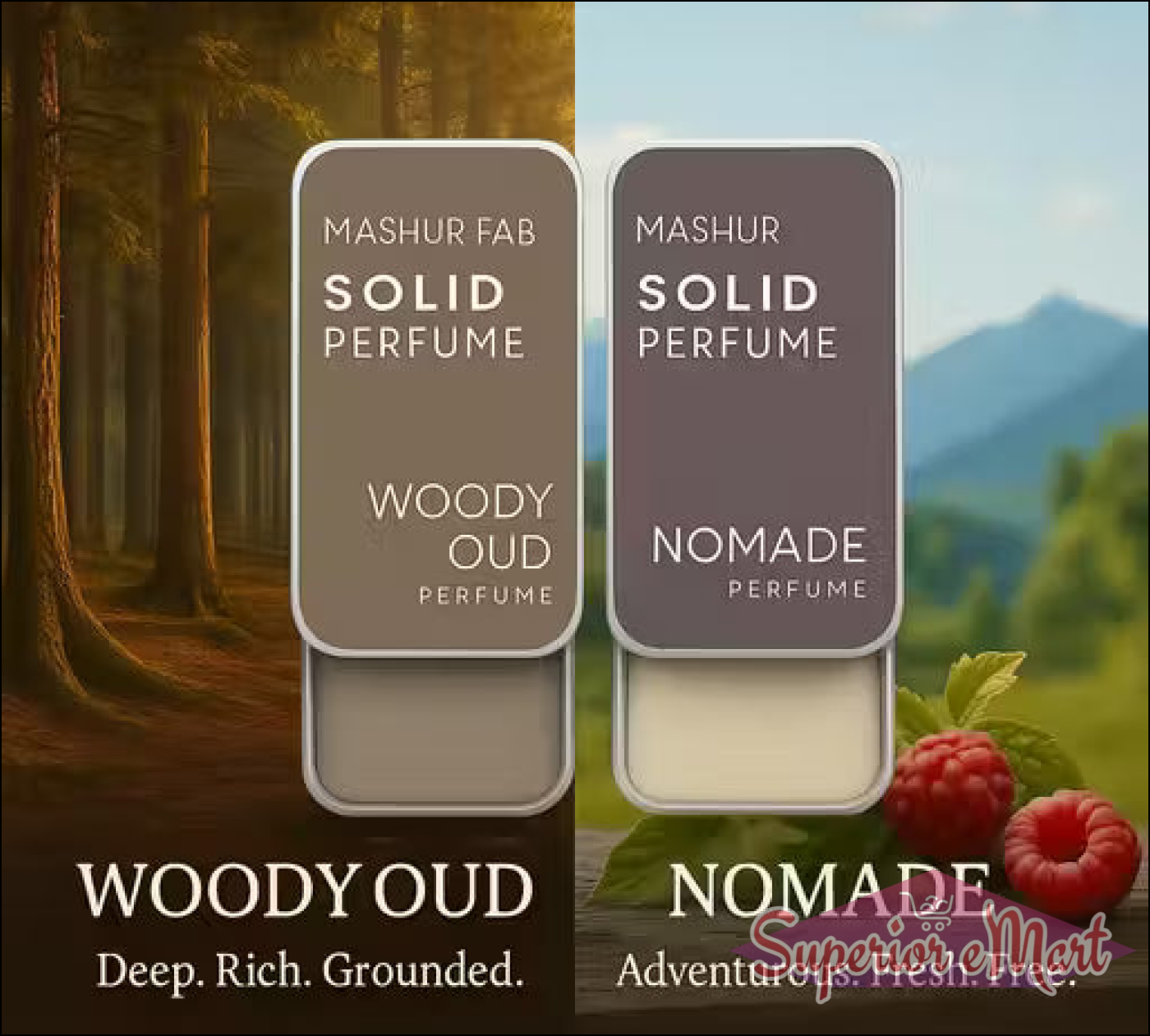 Woody oud solid perfume by Superior eMart in a compact tin, showcasing earthy notes and rich aroma