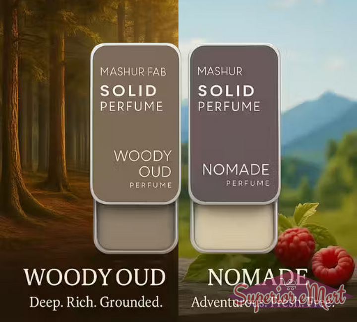 Woody oud solid perfume by Superior eMart in a compact tin, showcasing earthy notes and rich aroma