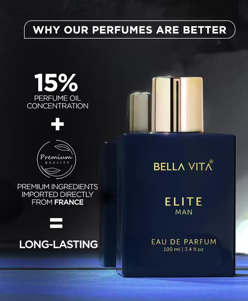 Bella Vita Elite Man navy blue bottle with gold cap. Text highlights 15% oil, French ingredients, and long-lasting.