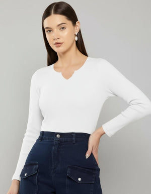 Casual Polyester Ribbed Blend Notch V-Neck Full Sleeves Stylish Latest Regular Solid Black Top (21"Inches).